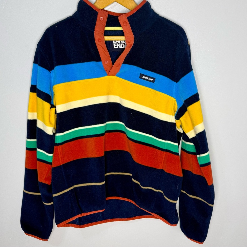 Lands' End Men's Striped Fleece Snap 1/4 Zip Sweater | L
